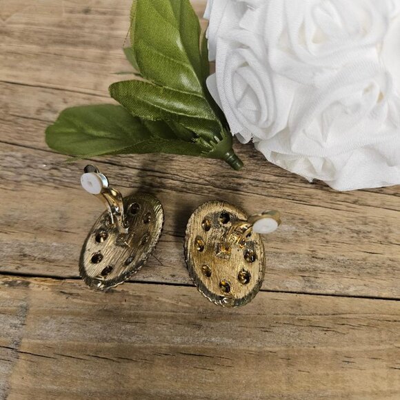 Vintage Gold/Black Enamel Rhinestone Clip on Earrings - Picture 3 of 4
